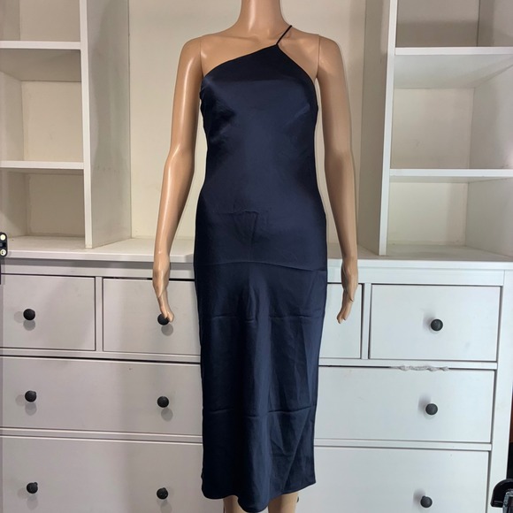 Express Dresses & Skirts - EXPRESS Navy Blue One Shoulder Satin Midi Slip Dress XS TP